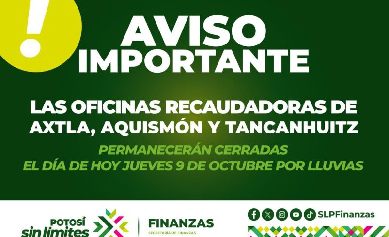 CIERRE TEMPORAL DE OFICINAS RECAUDADORAS EN TRES MUNICIPIOS DE LA HUASTECA POR LLUVIAS